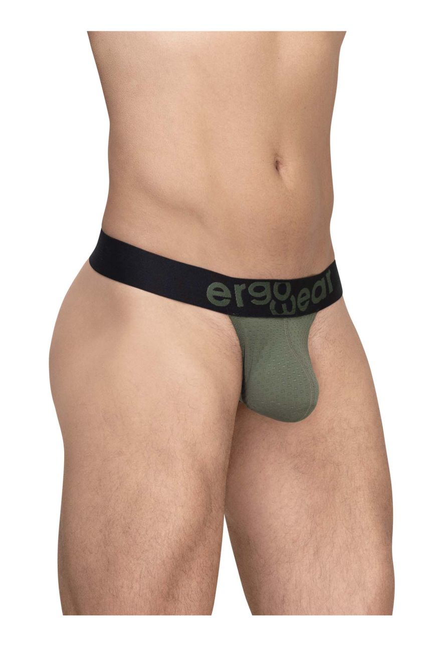 Olive green ergonomic briefs with black waistband featuring ergo wear logo in ergo wear ew1785 max flow g-string dark green