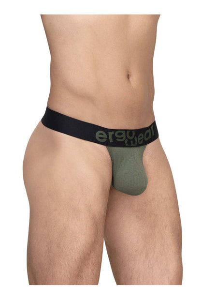 Olive green ergonomic briefs with black waistband featuring ergo wear logo in ergo wear ew1785 max flow g-string dark green