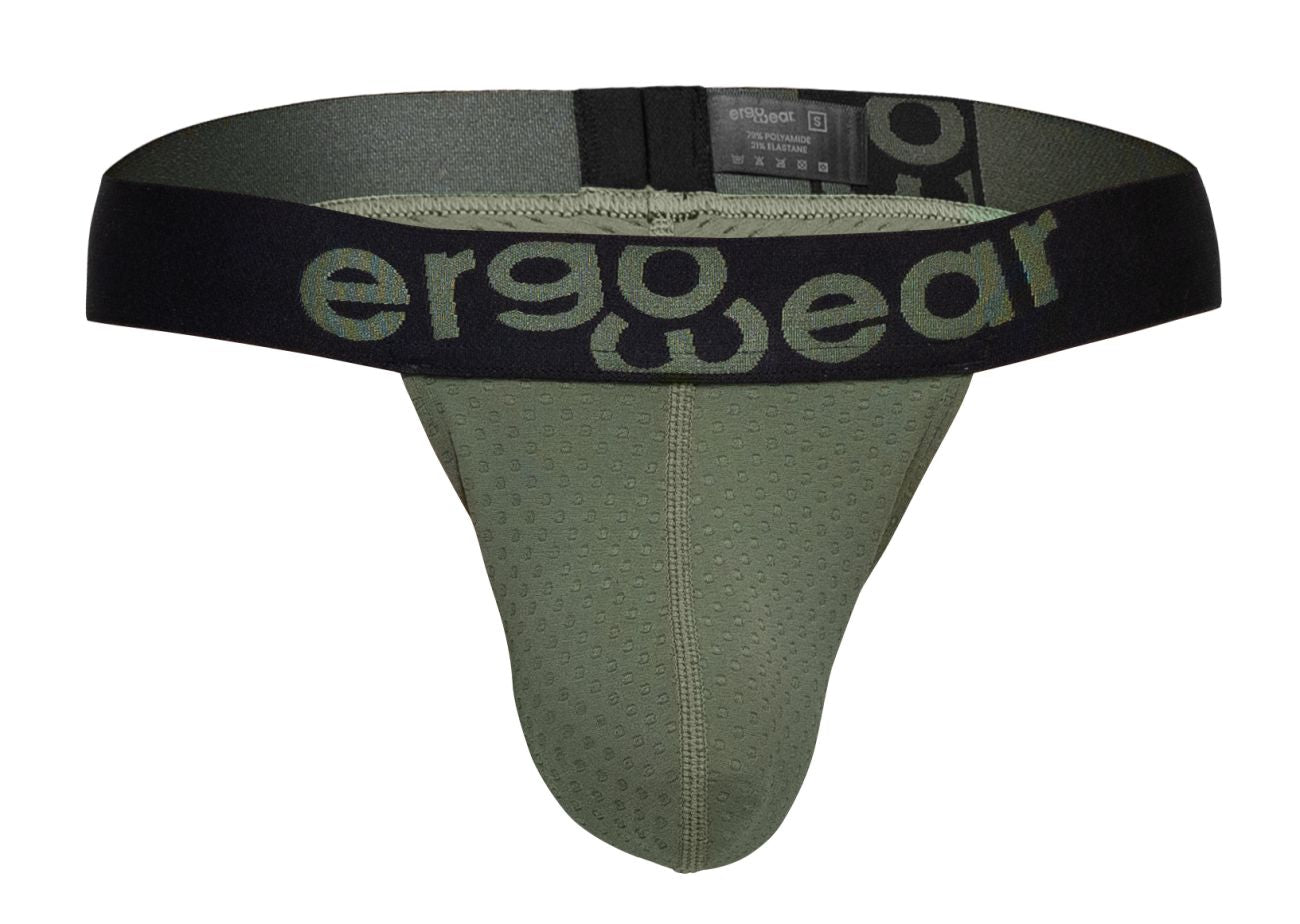 Olive green ergonomic support brief with black waistband featuring ergo wear branding showing front side design