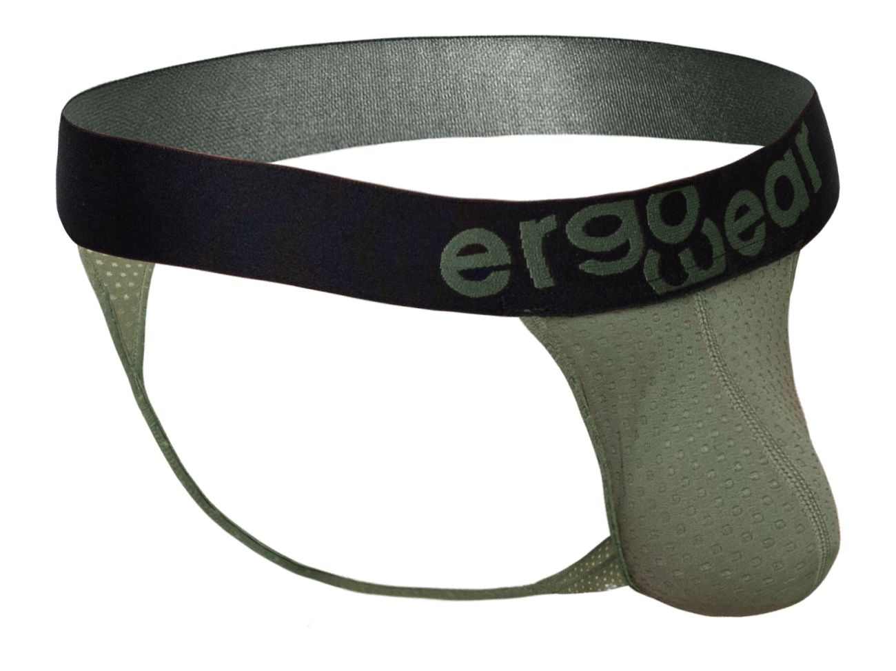 Olive green ergonomic brief with black waistband and ergo wear branding designed for comfort and support