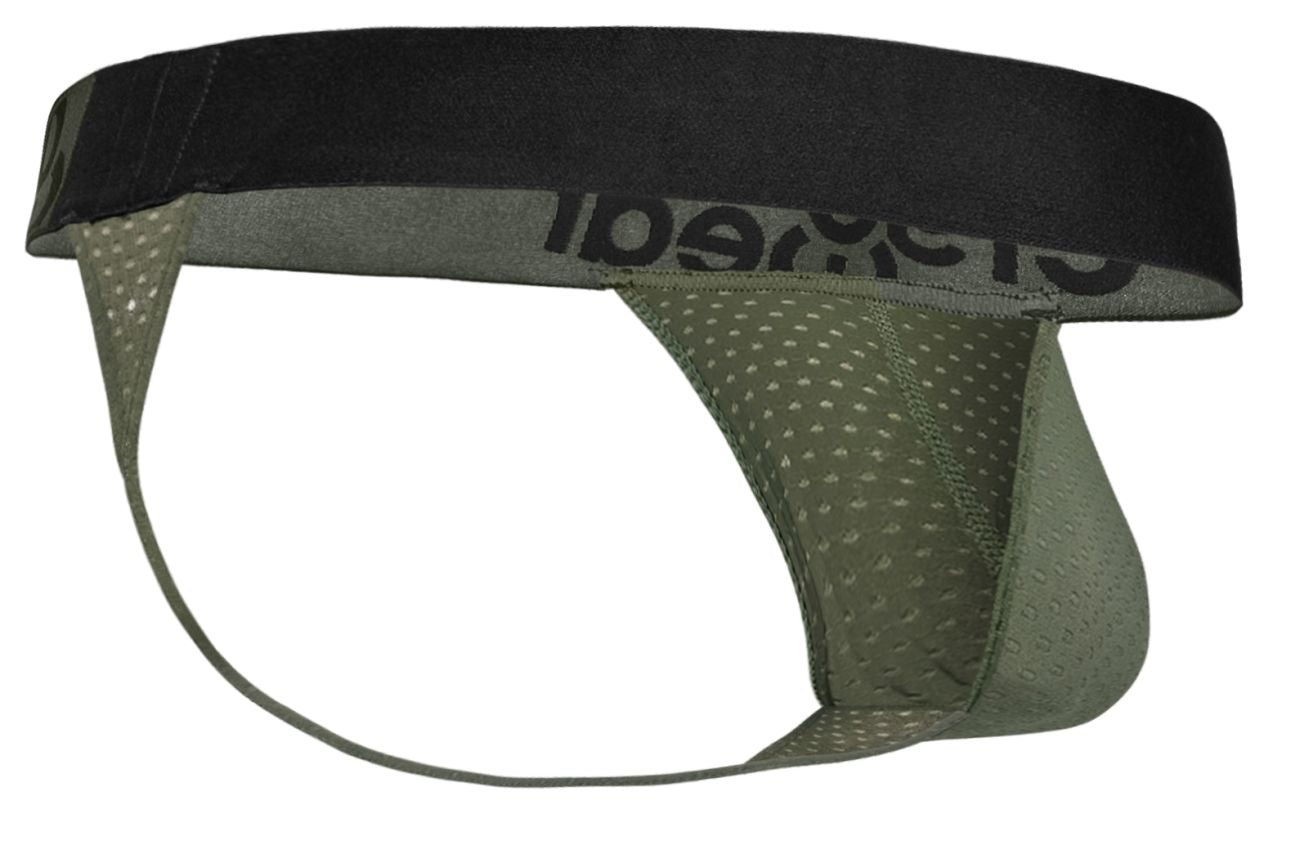 Olive green mesh brief with black elastic waistband and cheetah branding from ergowear ew1785 max flow g-string