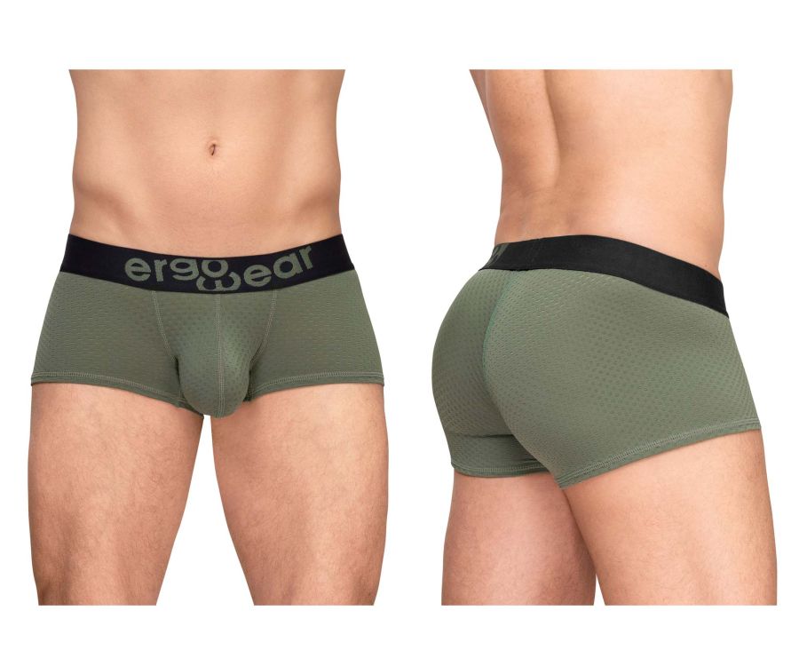 Olive green ergonomic trunks with a black waistband featuring the ergo wear logo in ew1787 max flow design