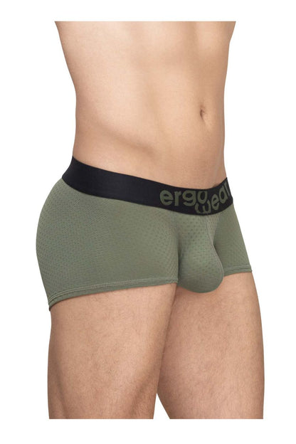 Olive green ergonomic briefs with black waistband featuring ergo wear logo from ergo wear ew1787 max flow trunks collection