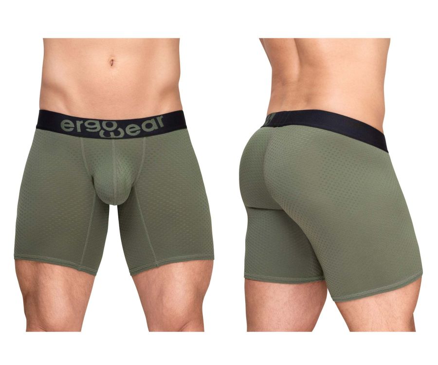 ErgoWear EW1788 max flow boxer briefs in dark green olive with ergonomic design and black waistband featuring er90wear logo