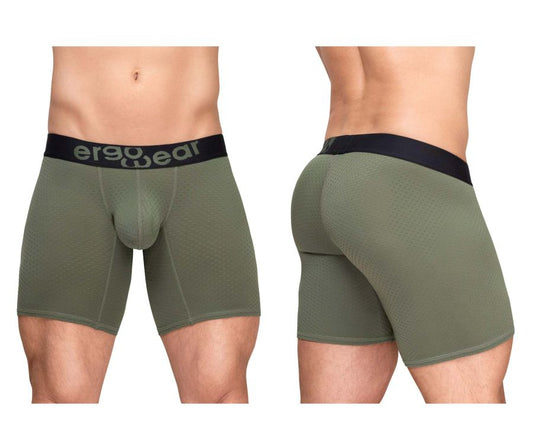ErgoWear EW1788 max flow boxer briefs in dark green olive with ergonomic design and black waistband featuring er90wear logo