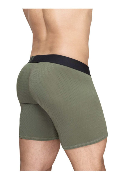 Olive green textured men’s boxer briefs with black elastic waistband by ergowear ew1788 max flow in dark green
