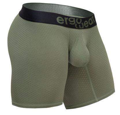 Olive green ergonomic boxer briefs with black ergo wear logo waistband designed for comfort and support