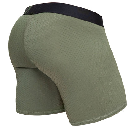 Olive green mesh ergoWear ew1788 max flow boxer briefs with black elastic waistband for breathable comfort