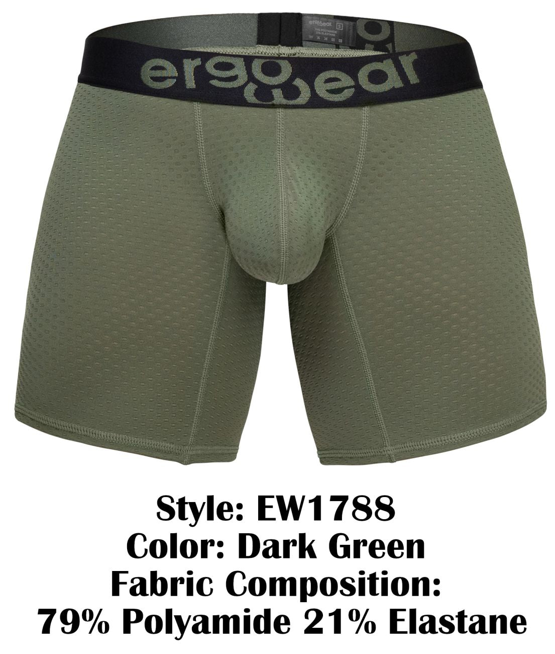 Dark green ergo wear ew1788 max flow ergonomic boxer briefs with black waistband made of 79 polyamide 21 elastane
