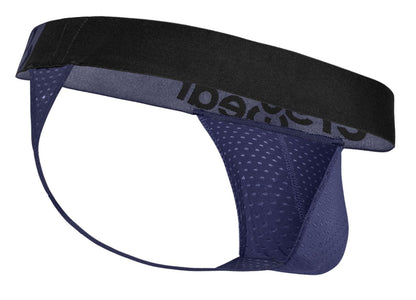 Navy blue mesh ergo wear ew1789 max flow g-string brief with black elastic waistband and cheetah branding front view