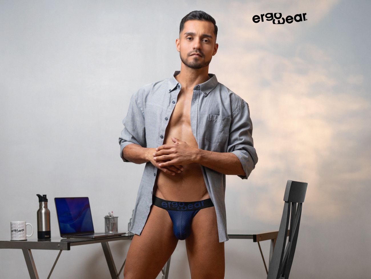 Navy blue ergonomic briefs with black elastic waistband and ergowear logo designed for comfort and support