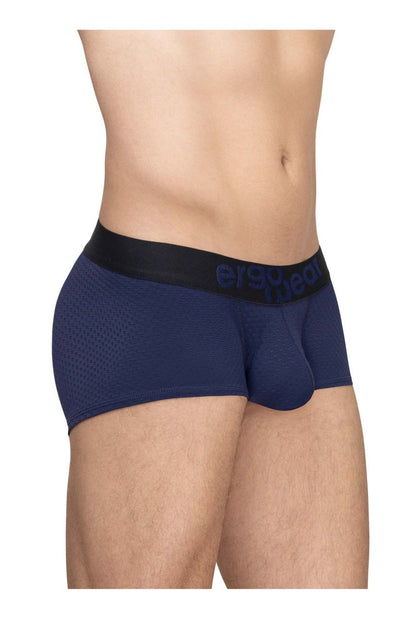 Navy blue textured ErgoWear EW1791 max flow trunks with a black waistband and dark gray ersquad logo