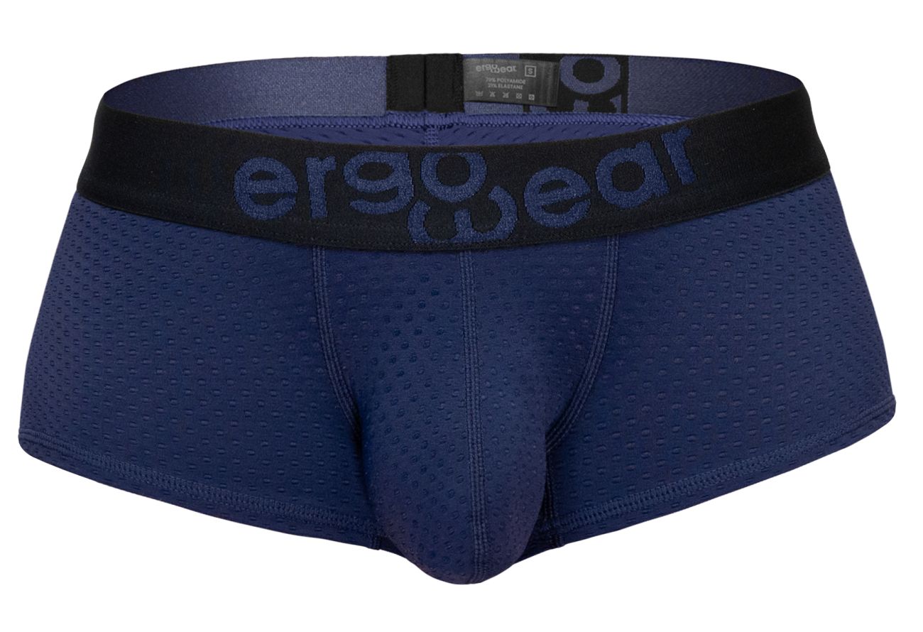 Navy blue ergo wear ew1791 max flow trunks with ergonomic fit and black waistband featuring dark blue logo