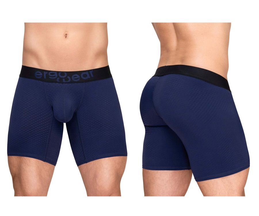 Navy blue ergonomic ErgoWear EW1792 MAX FLOW boxer briefs with black waistband designed for comfort and support