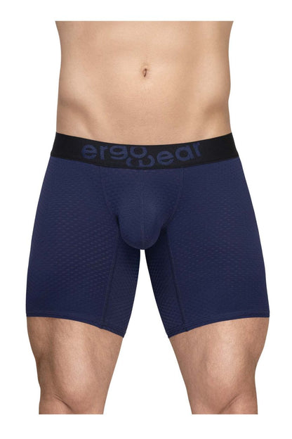 Navy blue ergonomic boxer briefs with black waistband and ergo wear logo in gray text model ew1792 max flow