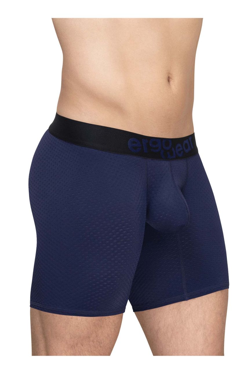 Navy blue textured ErgoWear ew1792 MAX FLOW boxer briefs with black waistband and erect branding in dark gray letters