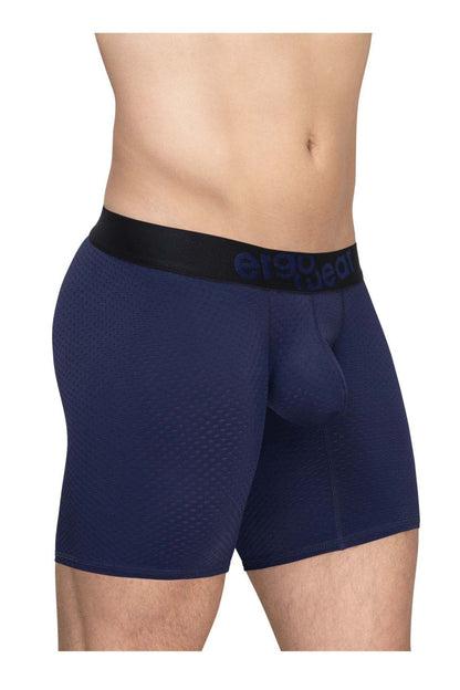 Navy blue textured ErgoWear ew1792 MAX FLOW boxer briefs with black waistband and erect branding in dark gray letters