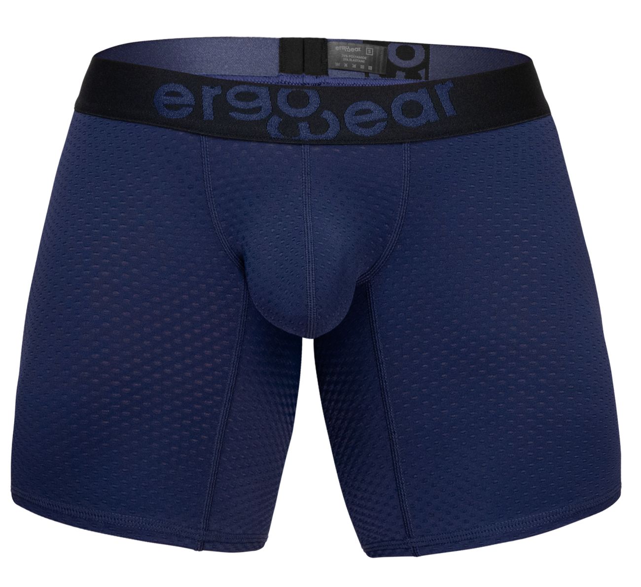 Navy blue ergonomic boxer briefs with black waistband and ergo gear logo in dark gray for comfortable wear