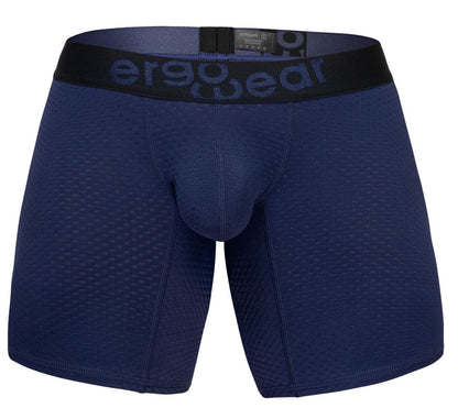 Navy blue ergonomic boxer briefs with black waistband and ergo gear logo in dark gray for comfortable wear