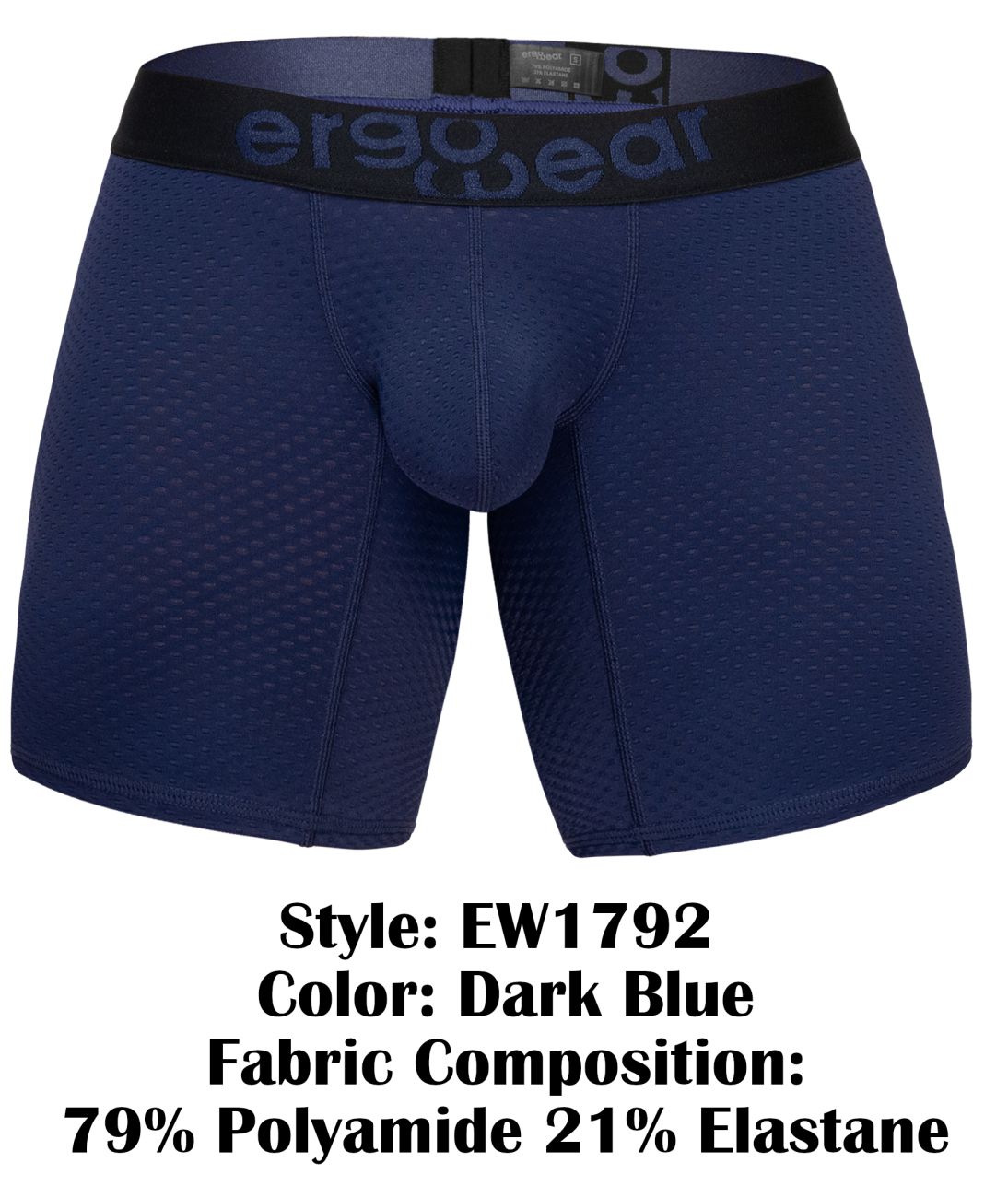 Dark blue ergonomic boxer briefs with black ergo wear waistband designed for comfort and support