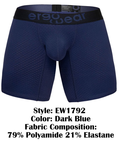 Dark blue ergonomic boxer briefs with black ergo wear waistband designed for comfort and support