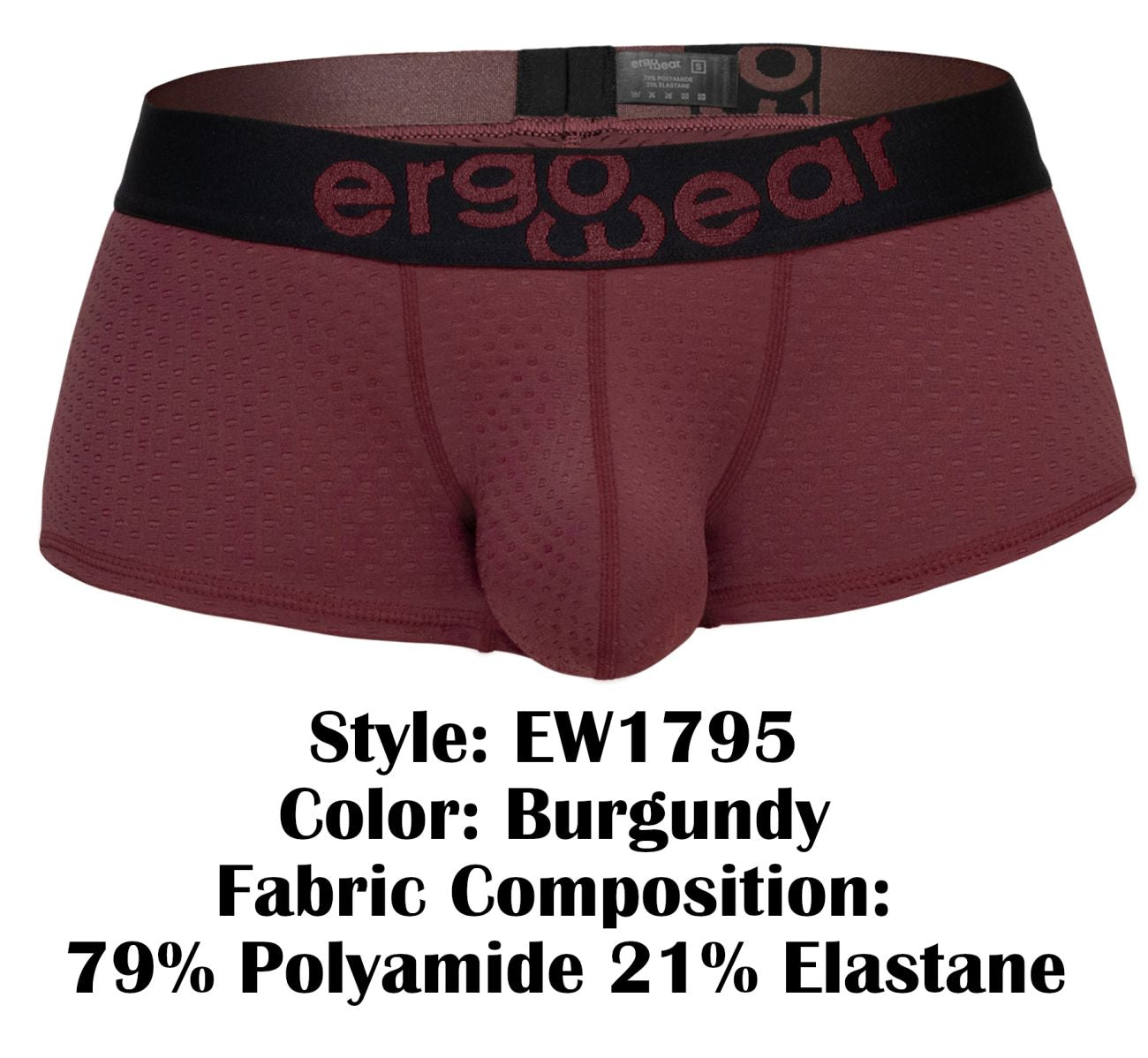 Ergowear ew1795 max flow trunks in burgundy with black waistband and red logo made from 79 polyamide 21 elastane