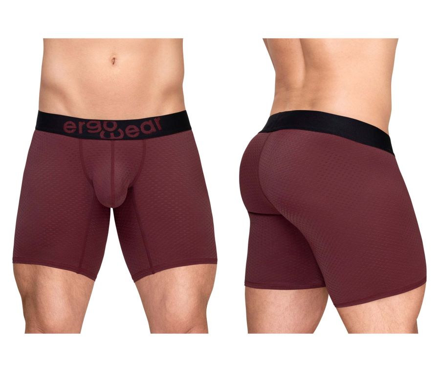 Maroon ergonomic boxer briefs with black ergo wear waistband designed for maximum airflow and comfort