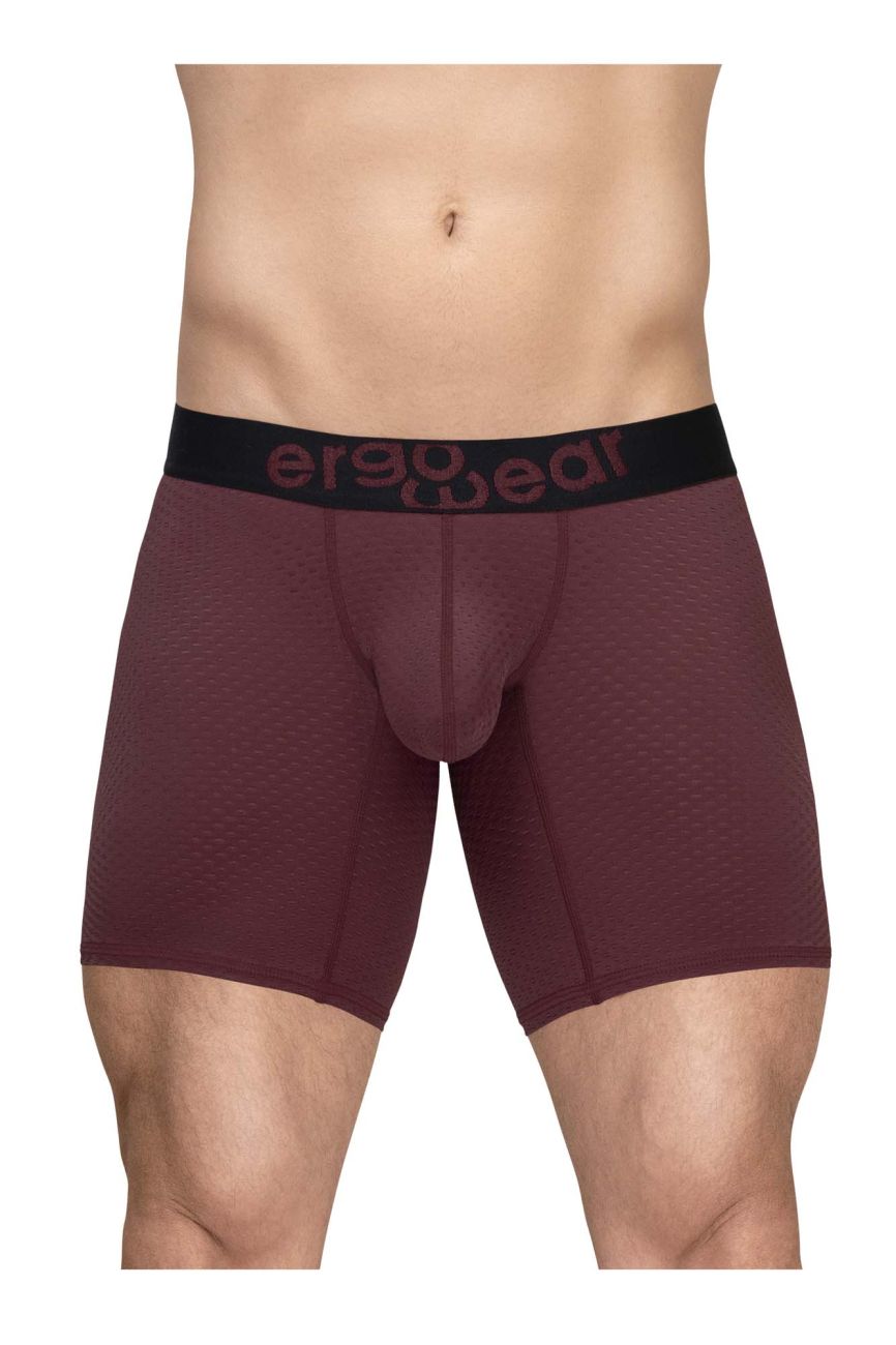 Maroon ergonomic boxer briefs with black ergogear waistband designed for maximum flow and comfort