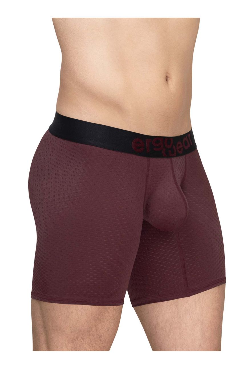 Ergo wear ew1796 max flow maroon textured boxer briefs with black waistband and red lettering for breathability