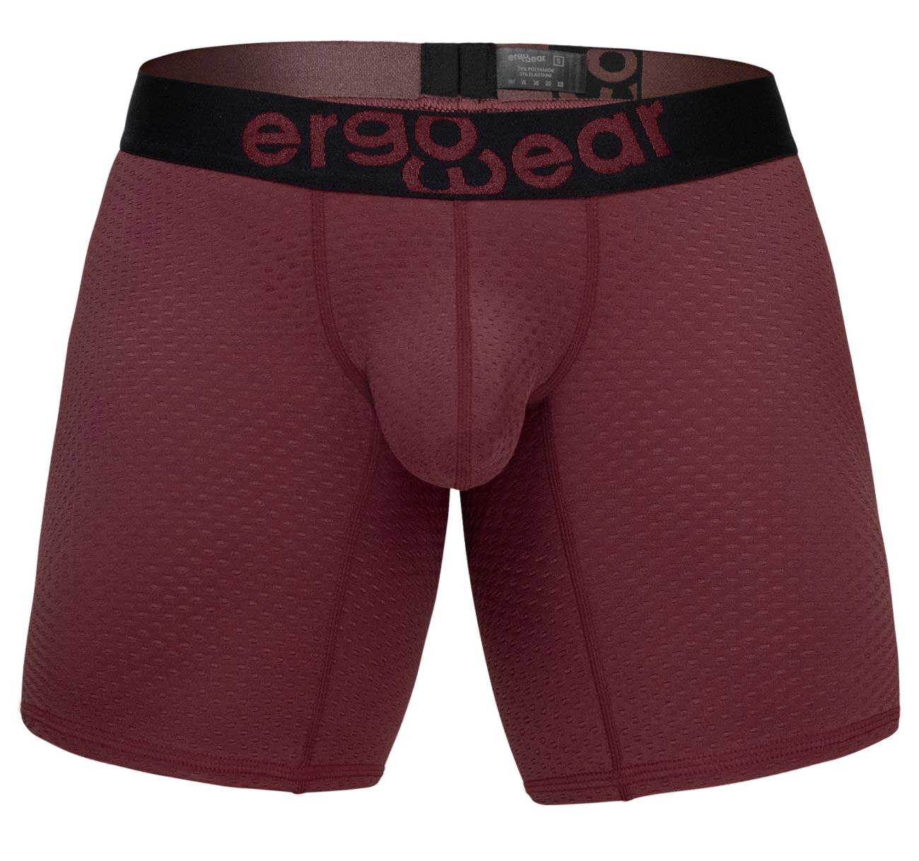 Maroon ergonomic boxer briefs with black waistband and red ergo wear logo designed for maximum airflow comfort