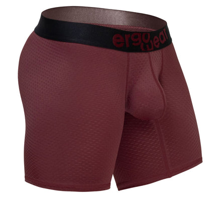 Maroon ergowear ew1796 max flow ergonomic boxer briefs with a black waistband and red logo for comfort and support