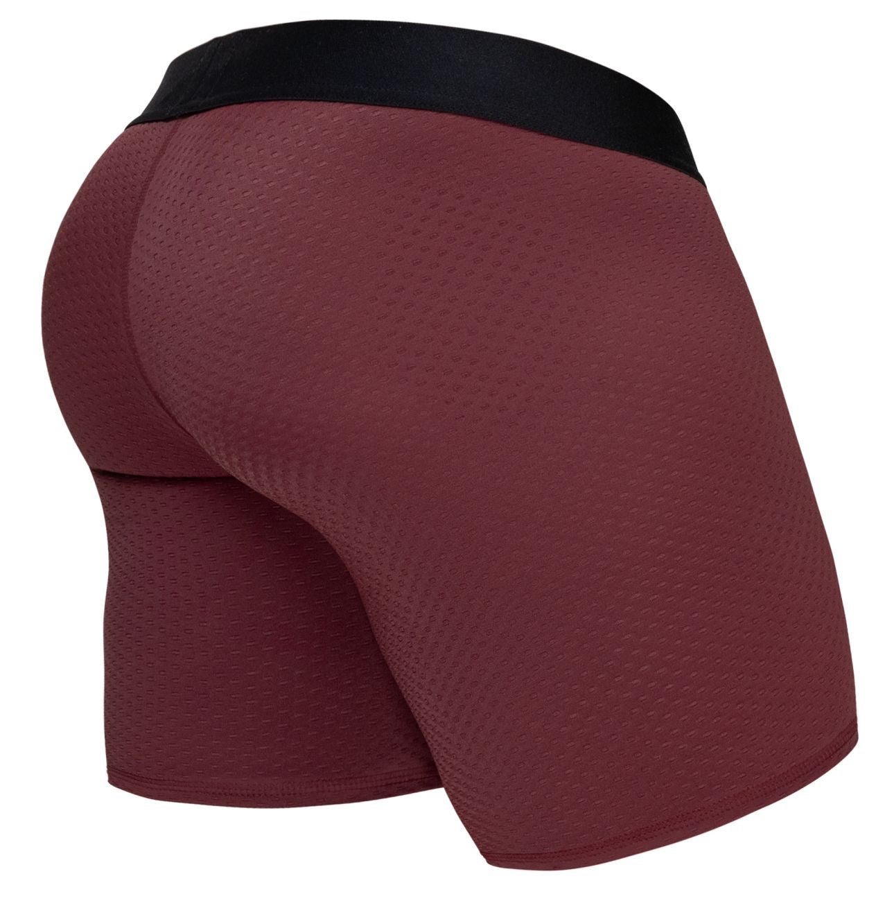 Ergowear ew1796 max flow boxer briefs in burgundy with black waistband and breathable textured mesh fabric