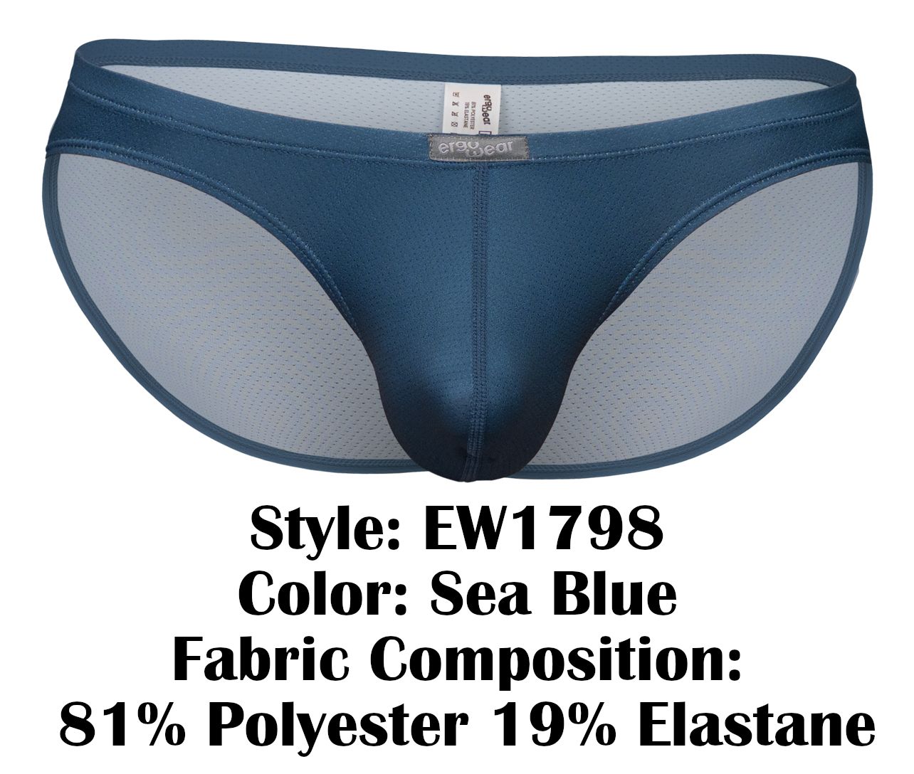 Sea blue men’s briefs with satin outer fabric and mesh lining featuring erawear label on waistband