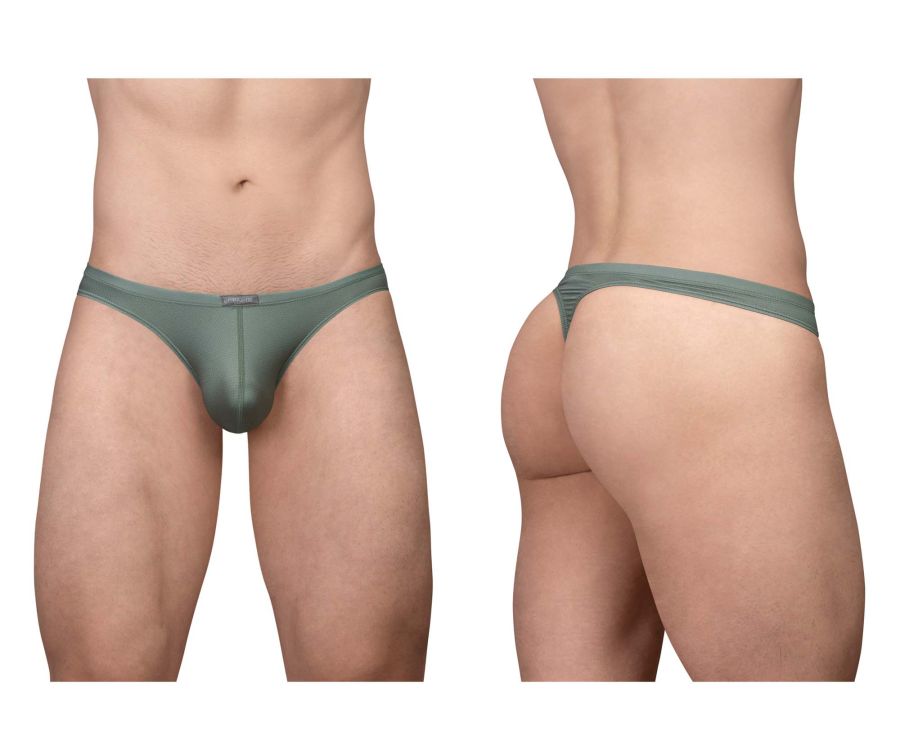 Mens ergo wear ew1801 x4d se thong in olive green sheer fabric with a subtle textured waistband visible from the back
