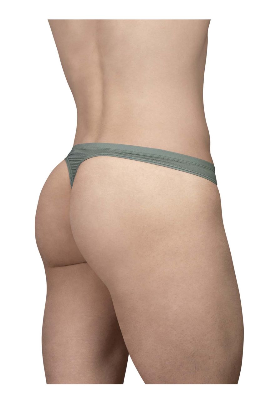 A sleek olive green ergo wear ew1801 x4d se thong made of smooth stretchy fabric with a ribbed waistband detail