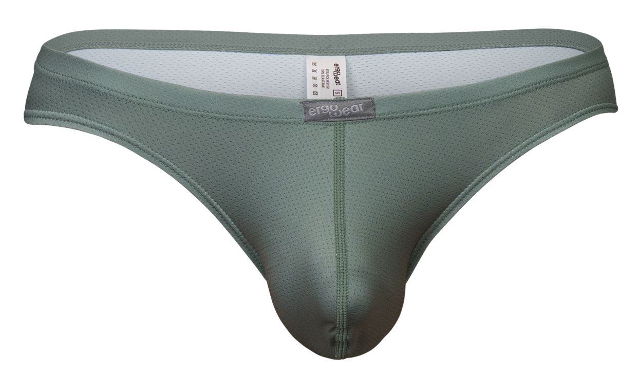 A sleek olive green ergo wear ew1801 x4d se thong made of mesh with a smooth form fitting design and branded waistband