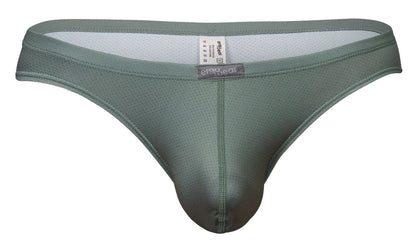 A sleek olive green ergo wear ew1801 x4d se thong made of mesh with a smooth form fitting design and branded waistband