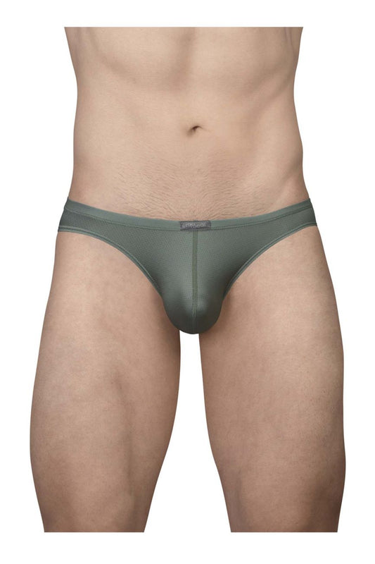 A sleek dark olive green men’s brief ErgoWear EW1802 X4D SE bikini with smooth form-fitting design and subtle branding