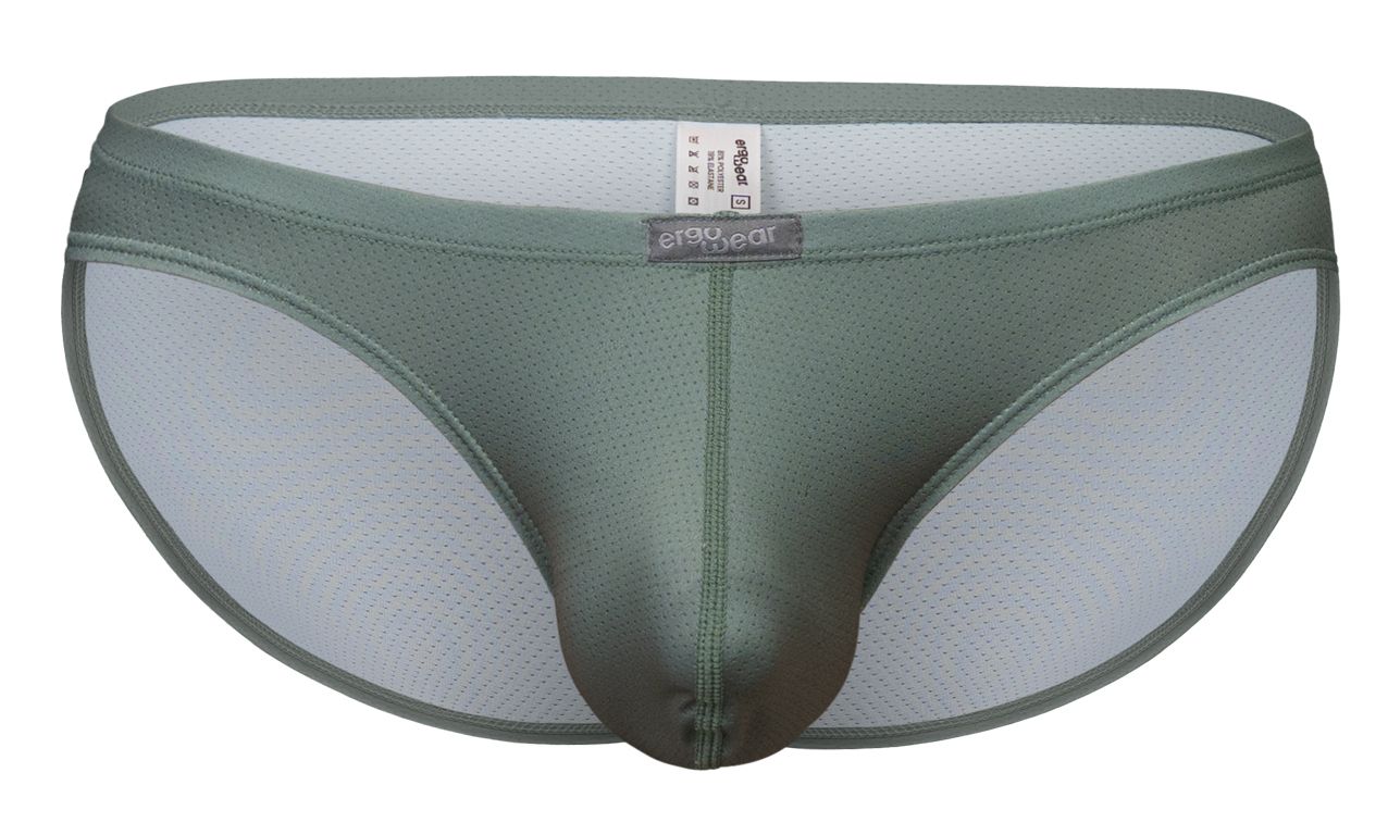 Olive green ergoWear ew1802 x4d se bikini brief with mesh sides solid front panel and visible erag bear label
