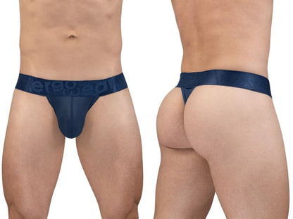 Navy blue sheer mesh thong with wide debossed eregg elastic waistband ergo wear ew1812 max bold se g string dark blue
