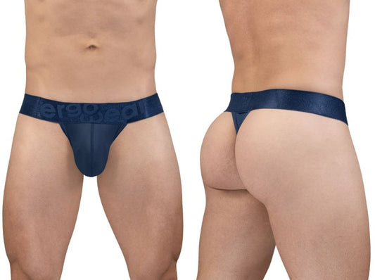 Navy blue sheer mesh thong with wide debossed eregg elastic waistband ergo wear ew1812 max bold se g string dark blue