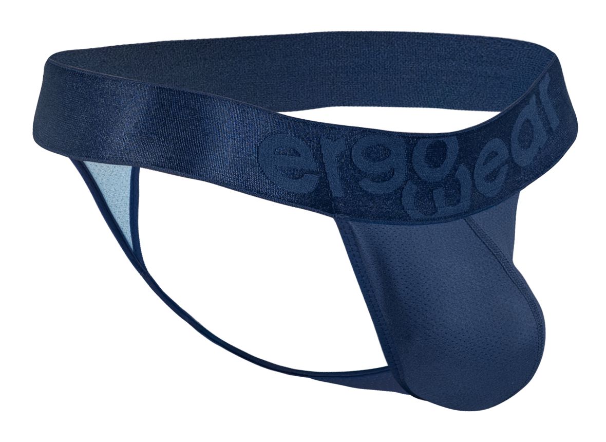 Navy blue ergonomic g-string brief with smooth stretchy fabric and subtle embossed branding on the waistband back side
