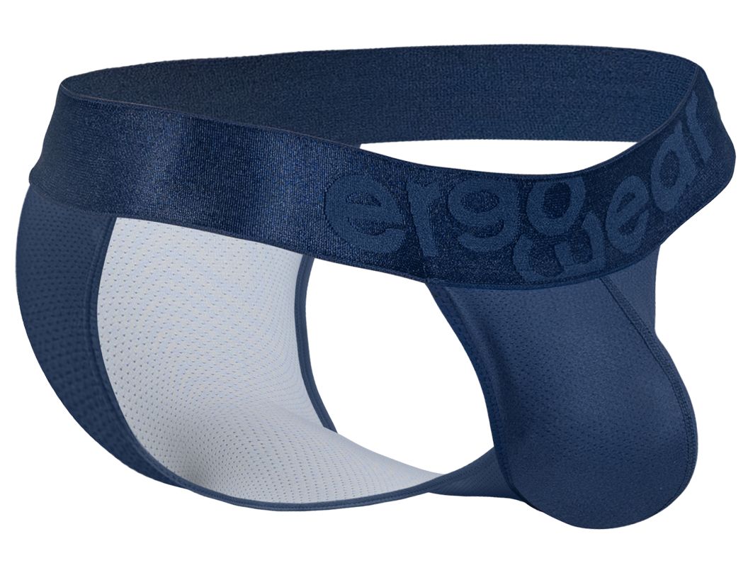 Navy blue ergonomic bikini brief with white mesh lining and ergo gear logo on waistband in ergo wear ew1813 max bold