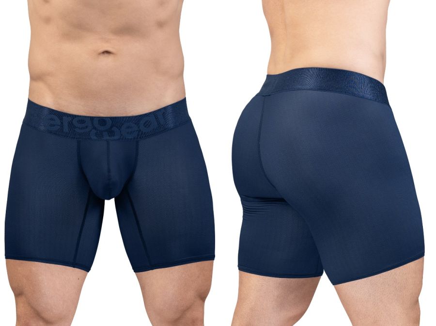 Navy blue ErgoWear EW1815 MAX BOLD SE boxer briefs with textured waistband featuring Ergo Gear brand name