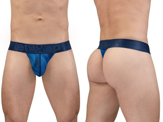 Blue patterned thong with dark blue elastic waistband featuring erogad brand name in white lettering from ergowear ew1816 max bold se g-string