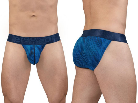 Blue patterned briefs with dark blue elastic waistband featuring erogad logo from ergowear ew1817 max bold bikini collection