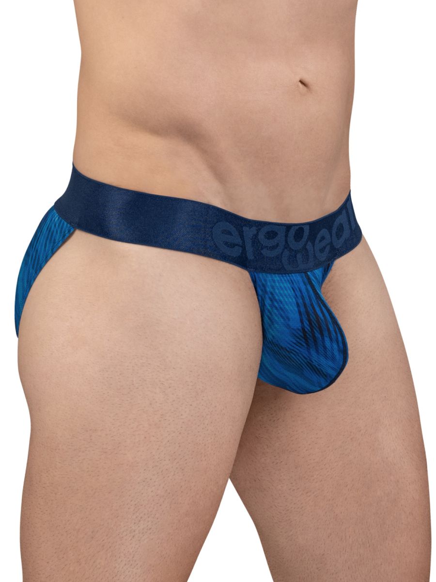 Blue patterned ErgoWear EW1817 max bold se bikini briefs with satin waistband featuring the ErgoWear brand name