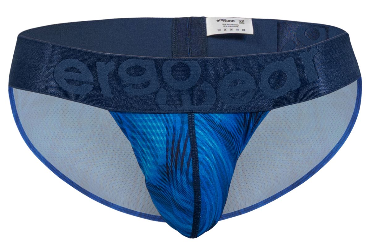 Blue patterned men’s briefs with dark blue ergo wear waistband in mid blue color from ergo wear ew1817 max bold se bikini line