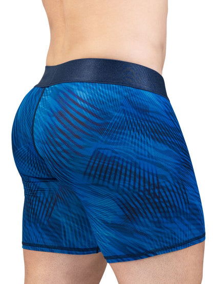 ErgoWear ew1819 max bold se men’s boxer briefs in mid blue with blue pattern and dark blue elastic waistband