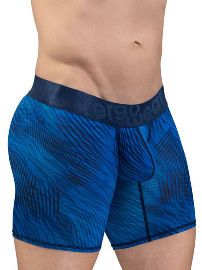 Blue patterned men’s boxer briefs with dark blue ergogear waistband designed for comfortable daily wear